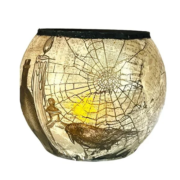 Handmade Halloween Design Glass Dome Candle Holder “Witches Cauldron” Decoupaged - Picture 8 of 13